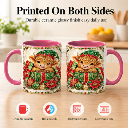 #pl[11oz|Pink] Gemstone Highland Cow Coffee Mug, Christmas Cow Mug, Ceramic Cup