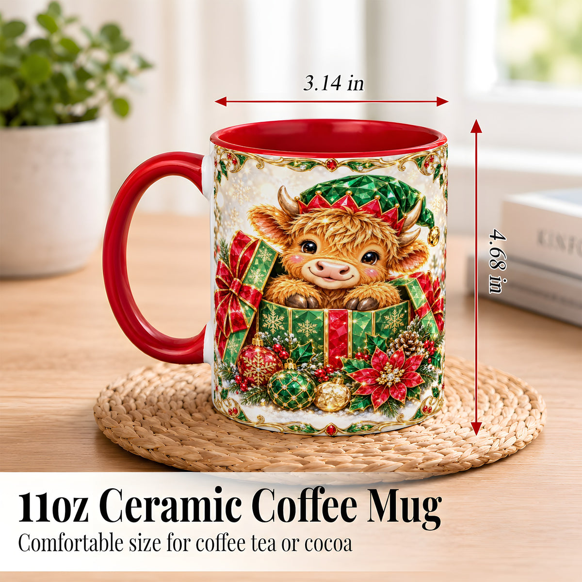 #pl[11oz|Red] Gemstone Highland Cow Coffee Mug, Christmas Cow Mug, Ceramic Cup