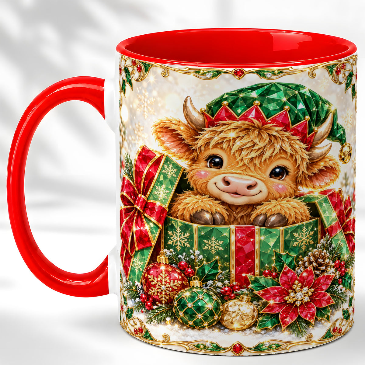 #pl[11oz|Red] Gemstone Highland Cow Coffee Mug, Christmas Cow Mug, Ceramic Cup