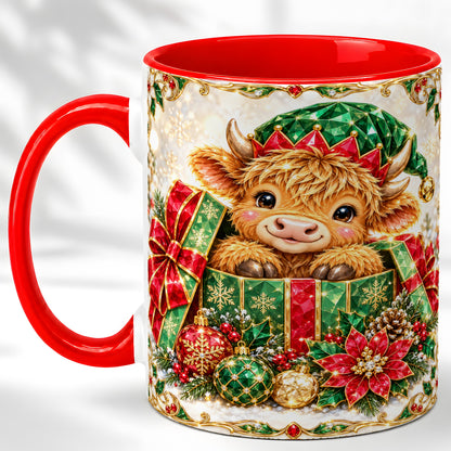 #pl[11oz|Red] Gemstone Highland Cow Coffee Mug, Christmas Cow Mug, Ceramic Cup