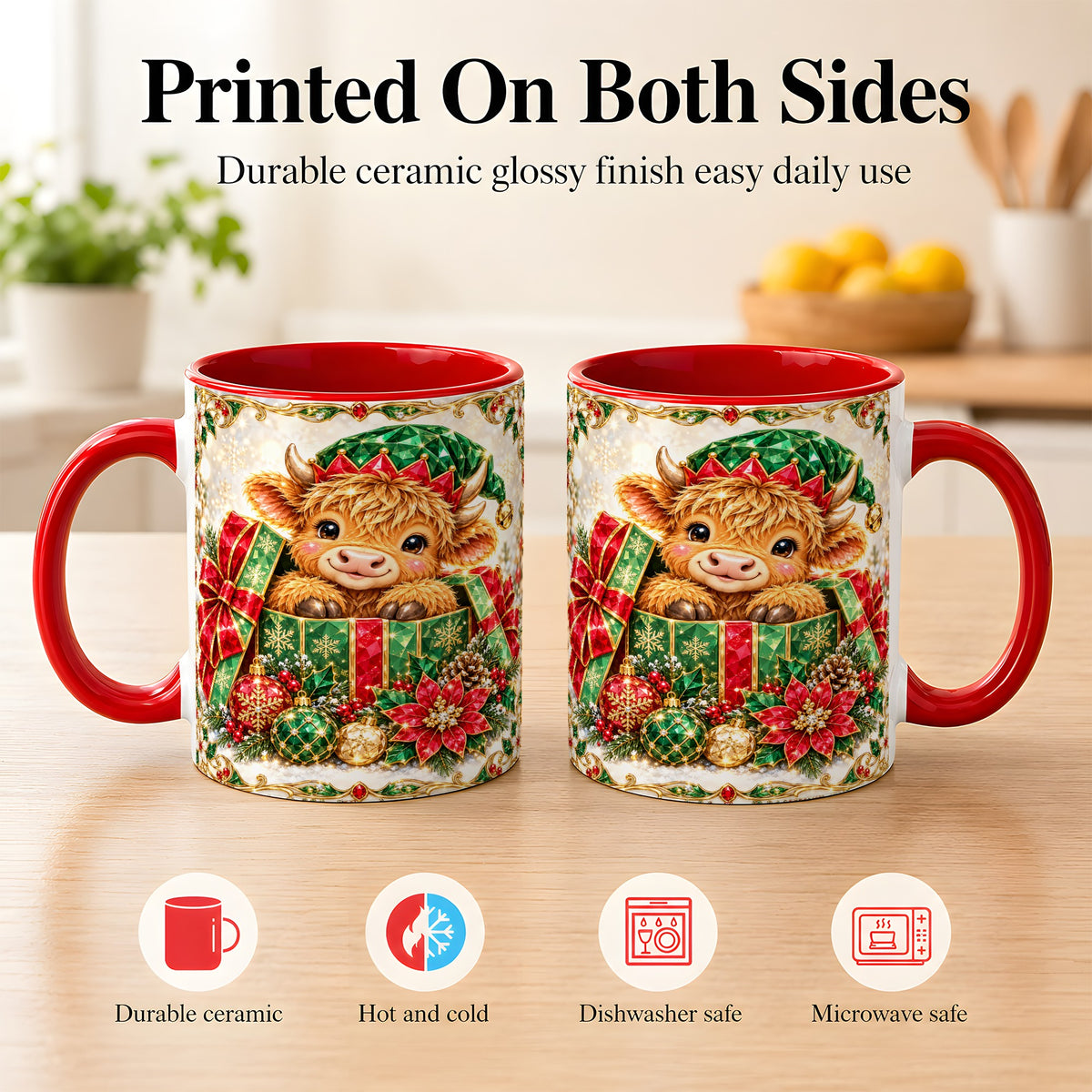 #pl[11oz|Red] Gemstone Highland Cow Coffee Mug, Christmas Cow Mug, Ceramic Cup