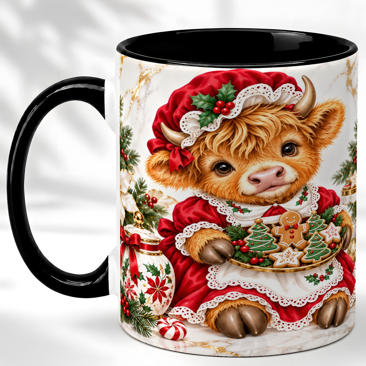 #pl[11oz|Black] Christmas Highland Cow Coffee Mug, Holiday Cow Mug, Ceramic Cup