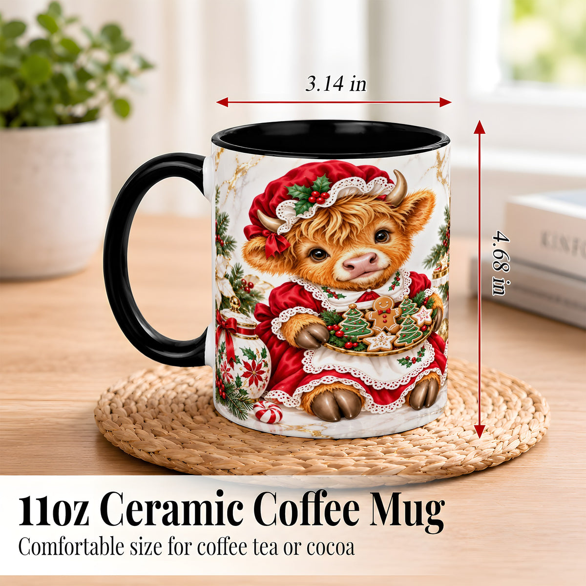#pl[11oz|Black] Christmas Highland Cow Coffee Mug, Holiday Cow Mug, Ceramic Cup
