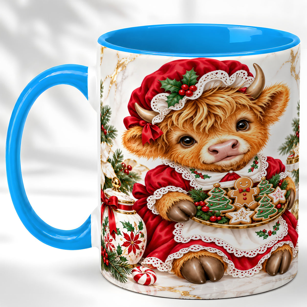 #pl[11oz|Blue] Christmas Highland Cow Coffee Mug, Holiday Cow Mug, Ceramic Cup