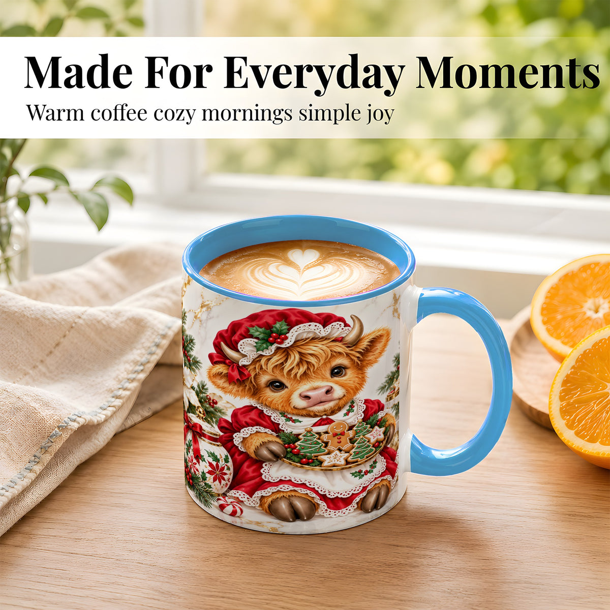#pl[11oz|Blue] Christmas Highland Cow Coffee Mug, Holiday Cow Mug, Ceramic Cup