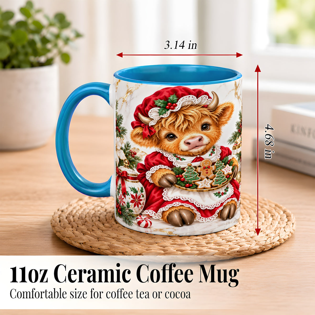 #pl[11oz|Blue] Christmas Highland Cow Coffee Mug, Holiday Cow Mug, Ceramic Cup