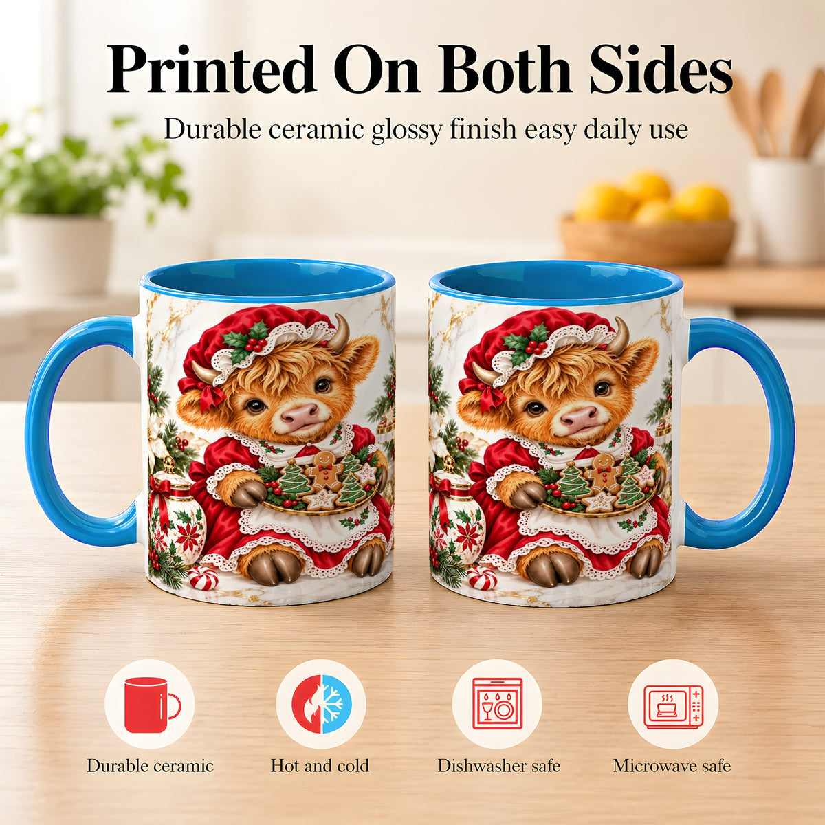 #pl[11oz|Blue] Christmas Highland Cow Coffee Mug, Holiday Cow Mug, Ceramic Cup