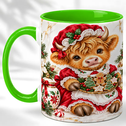 #pl[11oz|Green] Christmas Highland Cow Coffee Mug, Holiday Cow Mug, Ceramic Cup