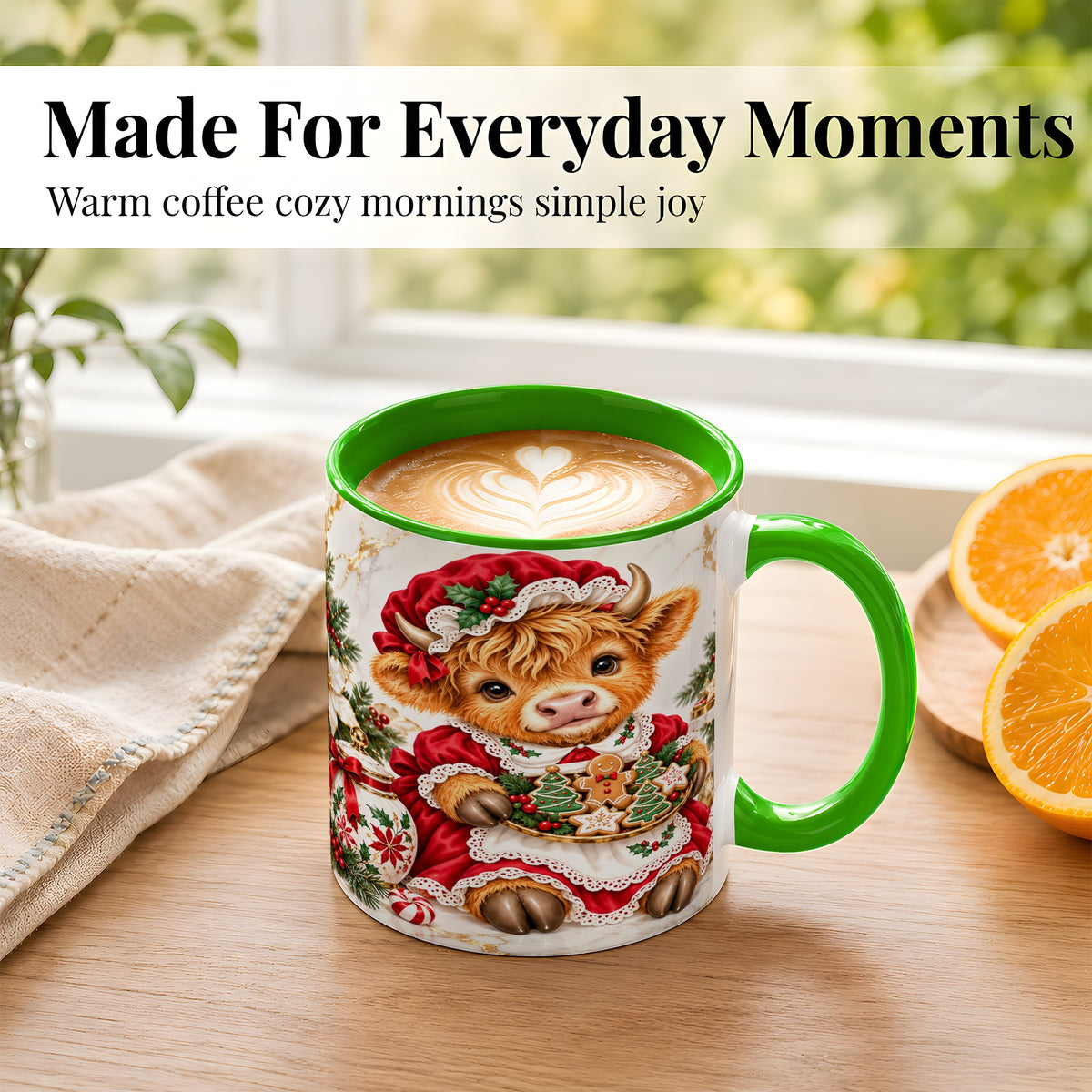 #pl[11oz|Green] Christmas Highland Cow Coffee Mug, Holiday Cow Mug, Ceramic Cup