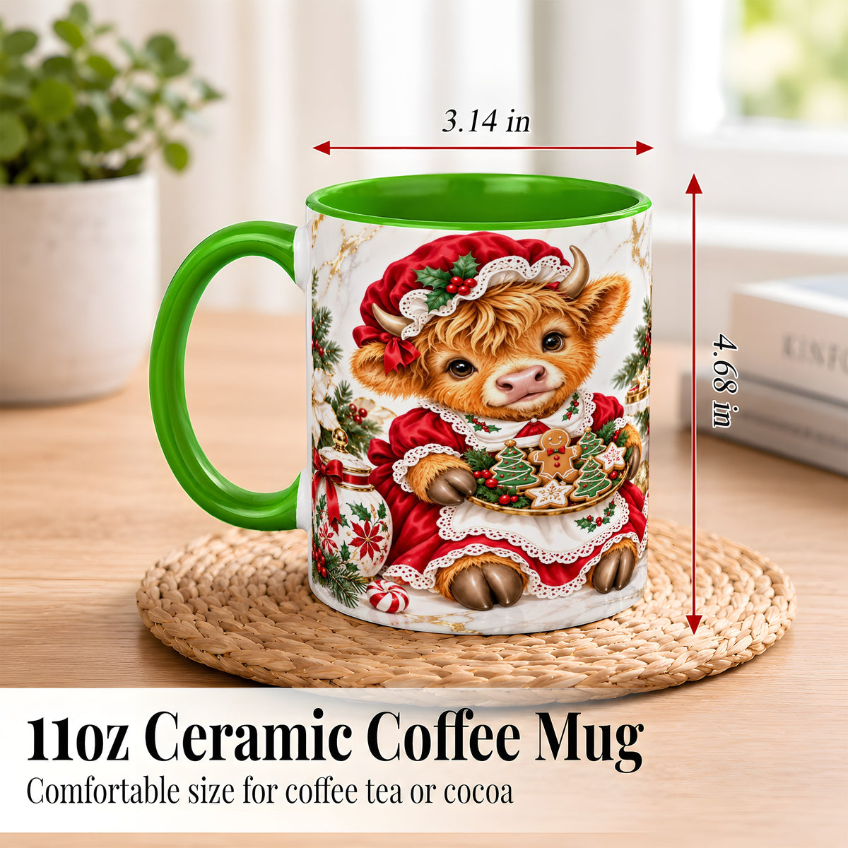 #pl[11oz|Green] Christmas Highland Cow Coffee Mug, Holiday Cow Mug, Ceramic Cup