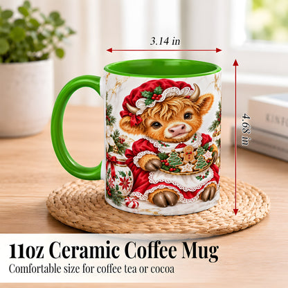 #pl[11oz|Green] Christmas Highland Cow Coffee Mug, Holiday Cow Mug, Ceramic Cup