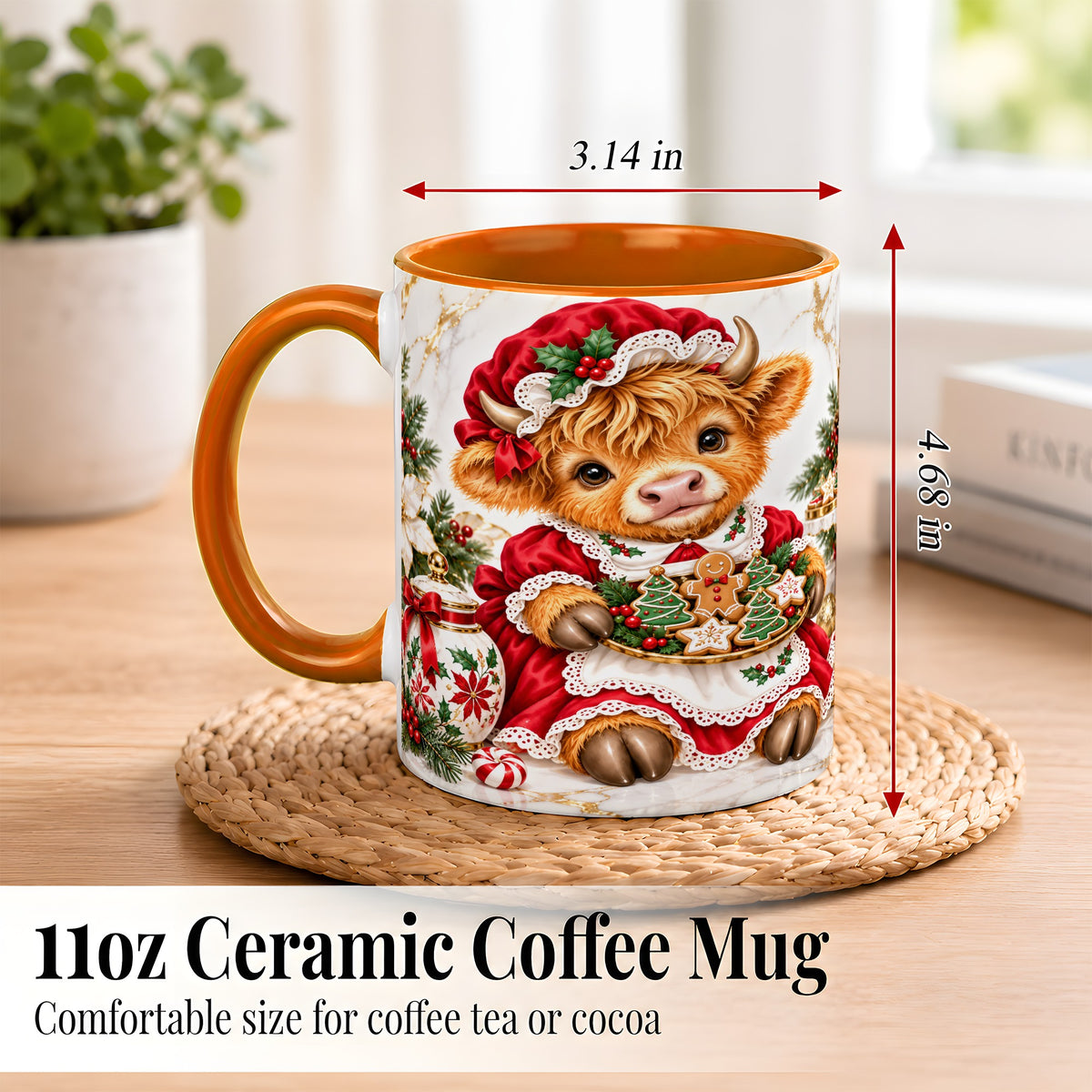 #pl[11oz|Orange] Christmas Highland Cow Coffee Mug, Holiday Cow Mug, Ceramic Cup