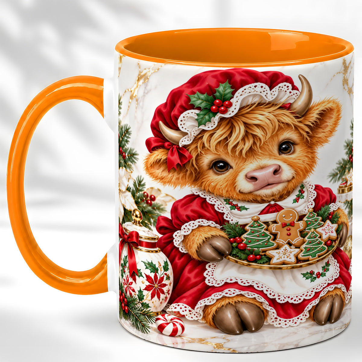 #pl[11oz|Orange] Christmas Highland Cow Coffee Mug, Holiday Cow Mug, Ceramic Cup