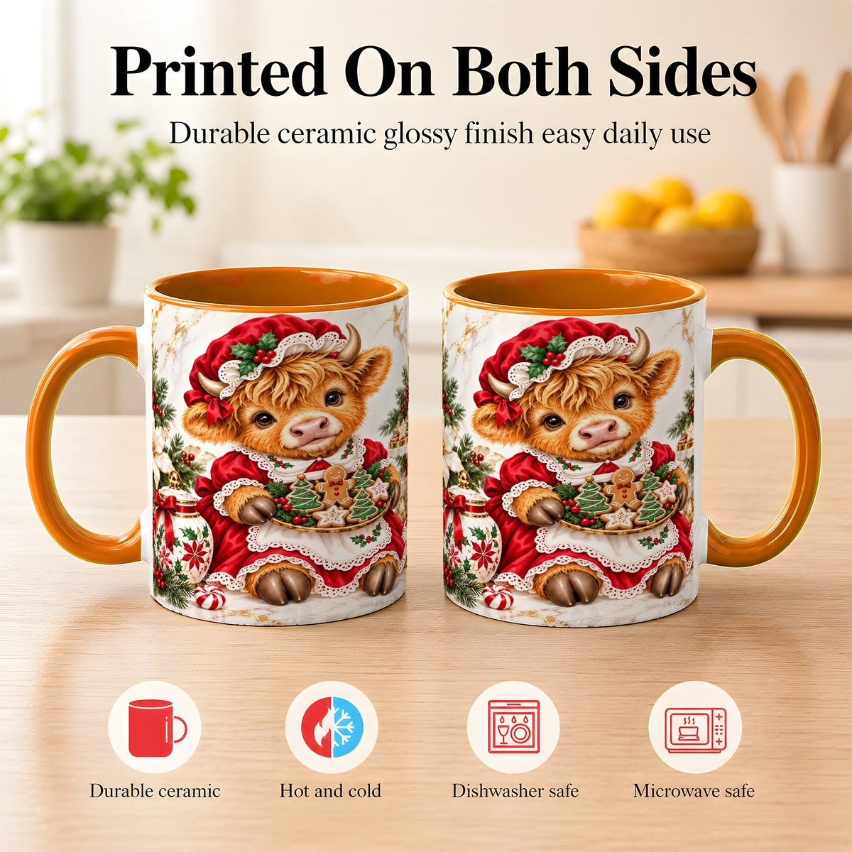 #pl[11oz|Orange] Christmas Highland Cow Coffee Mug, Holiday Cow Mug, Ceramic Cup