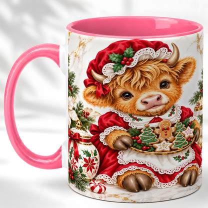 #pl[11oz|Pink] Christmas Highland Cow Coffee Mug, Holiday Cow Mug, Ceramic Cup