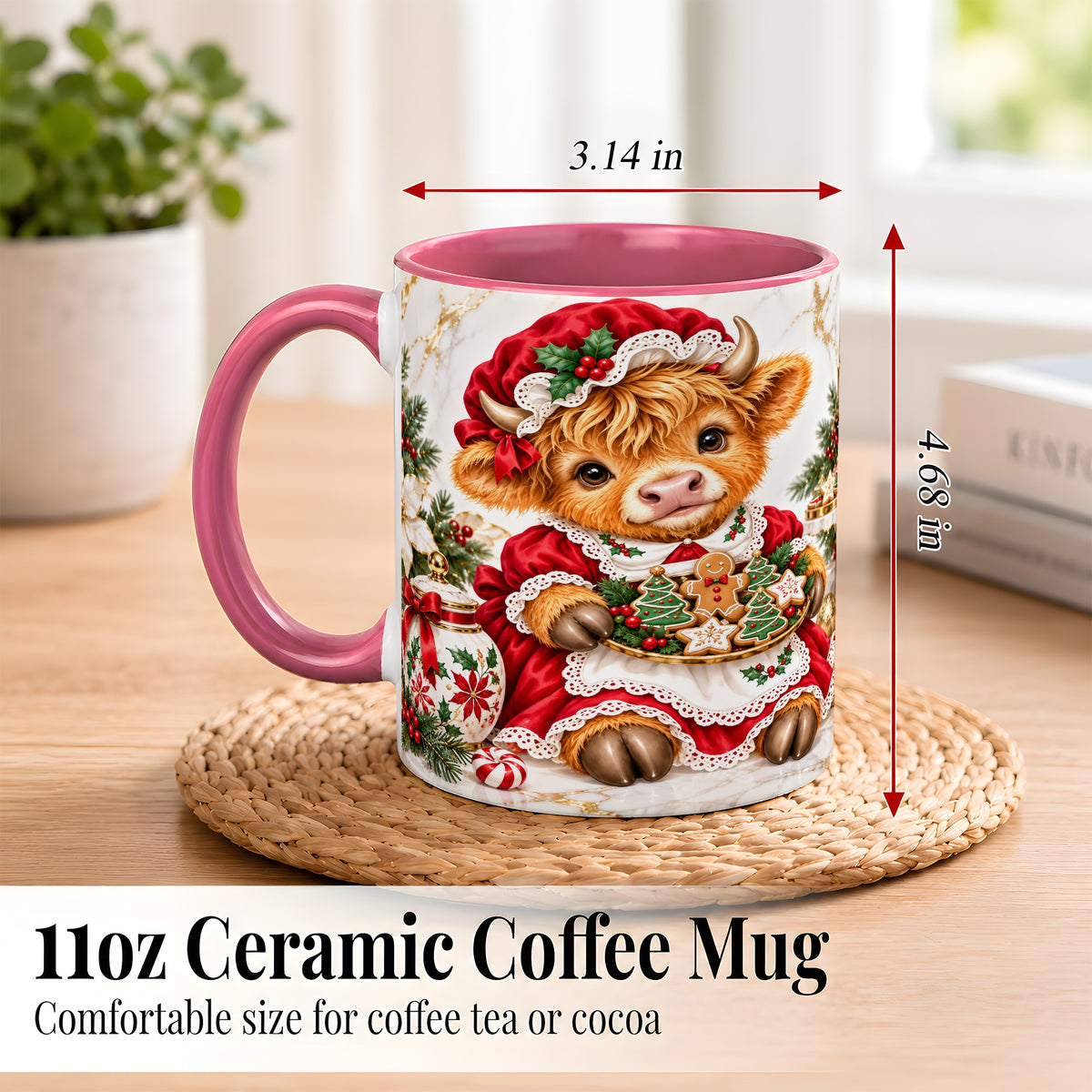 #pl[11oz|Pink] Christmas Highland Cow Coffee Mug, Holiday Cow Mug, Ceramic Cup
