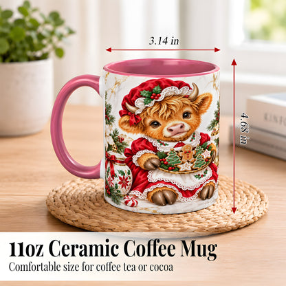 #pl[11oz|Pink] Christmas Highland Cow Coffee Mug, Holiday Cow Mug, Ceramic Cup
