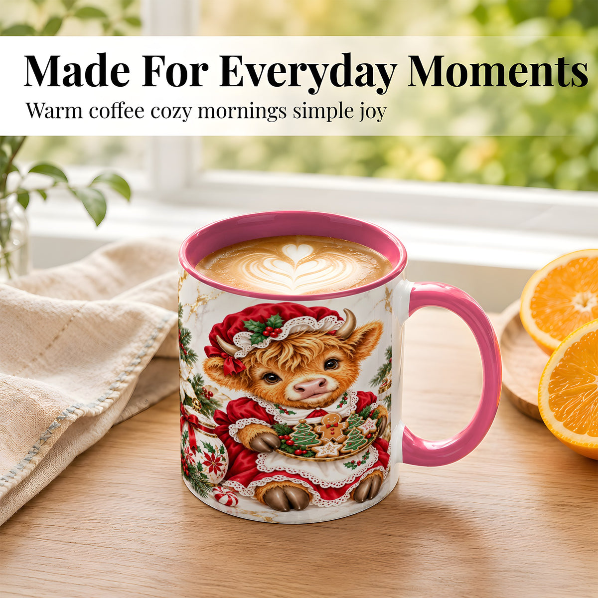 #pl[11oz|Pink] Christmas Highland Cow Coffee Mug, Holiday Cow Mug, Ceramic Cup