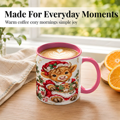 #pl[11oz|Pink] Christmas Highland Cow Coffee Mug, Holiday Cow Mug, Ceramic Cup