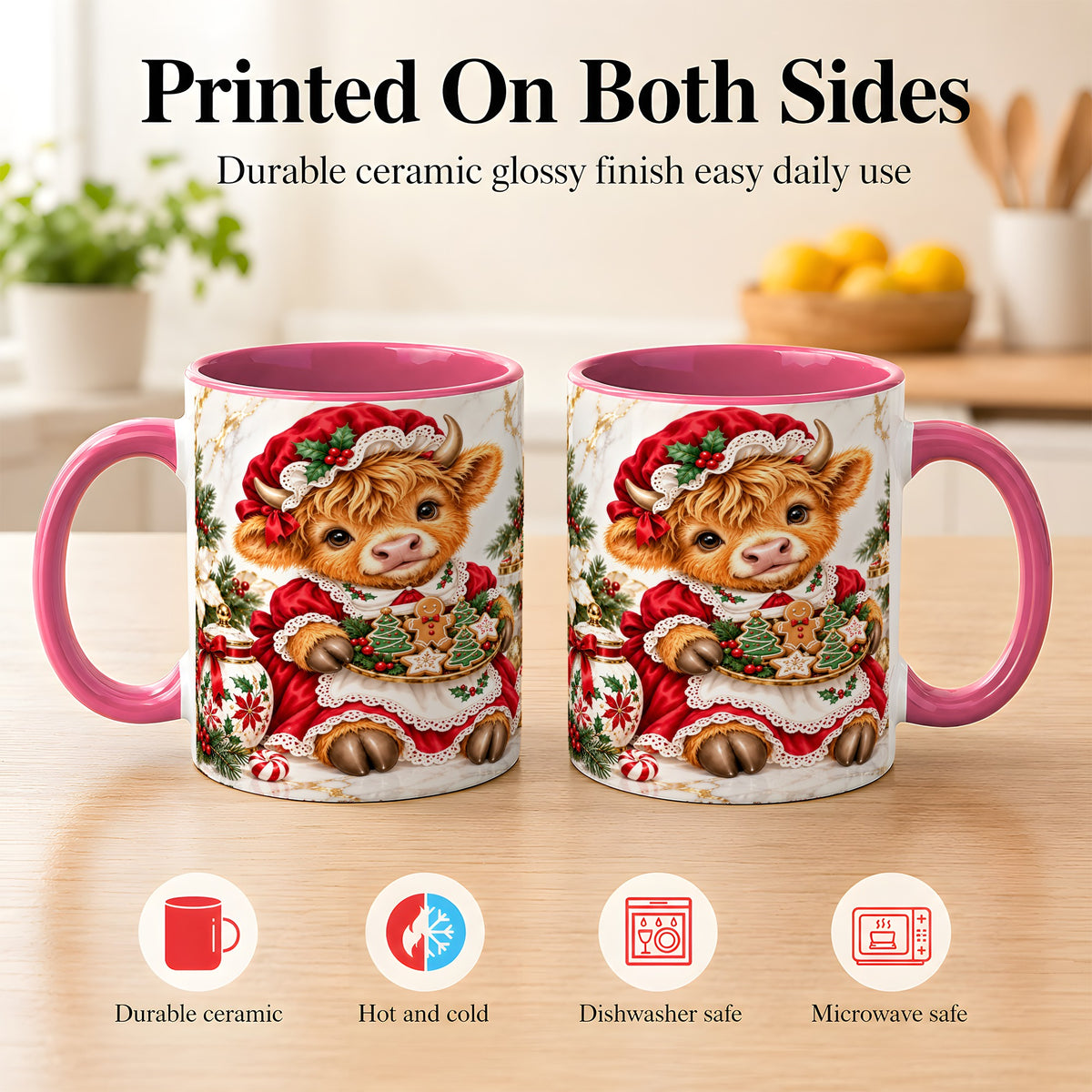 #pl[11oz|Pink] Christmas Highland Cow Coffee Mug, Holiday Cow Mug, Ceramic Cup