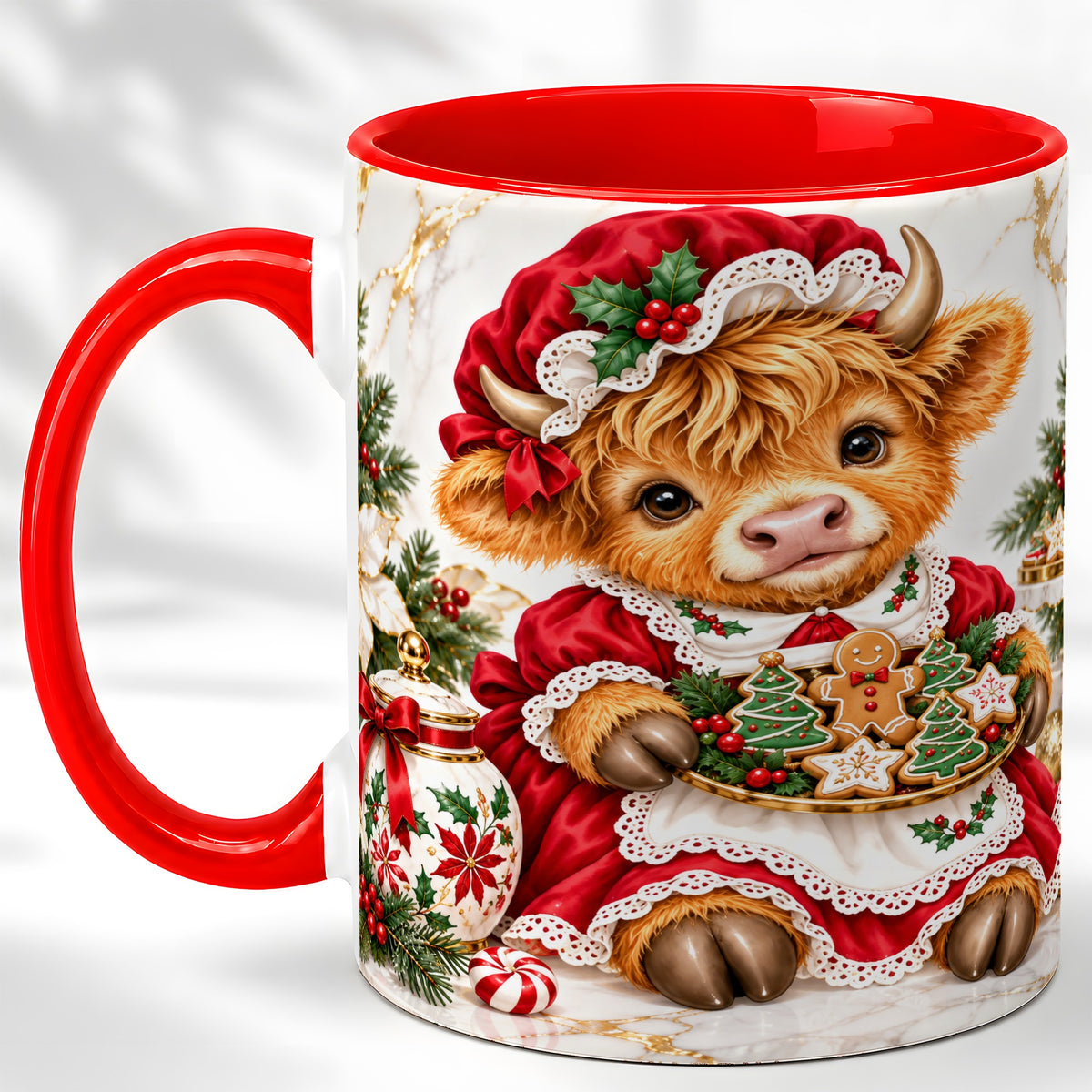 #pl[11oz|Red] Christmas Highland Cow Coffee Mug, Holiday Cow Mug, Ceramic Cup