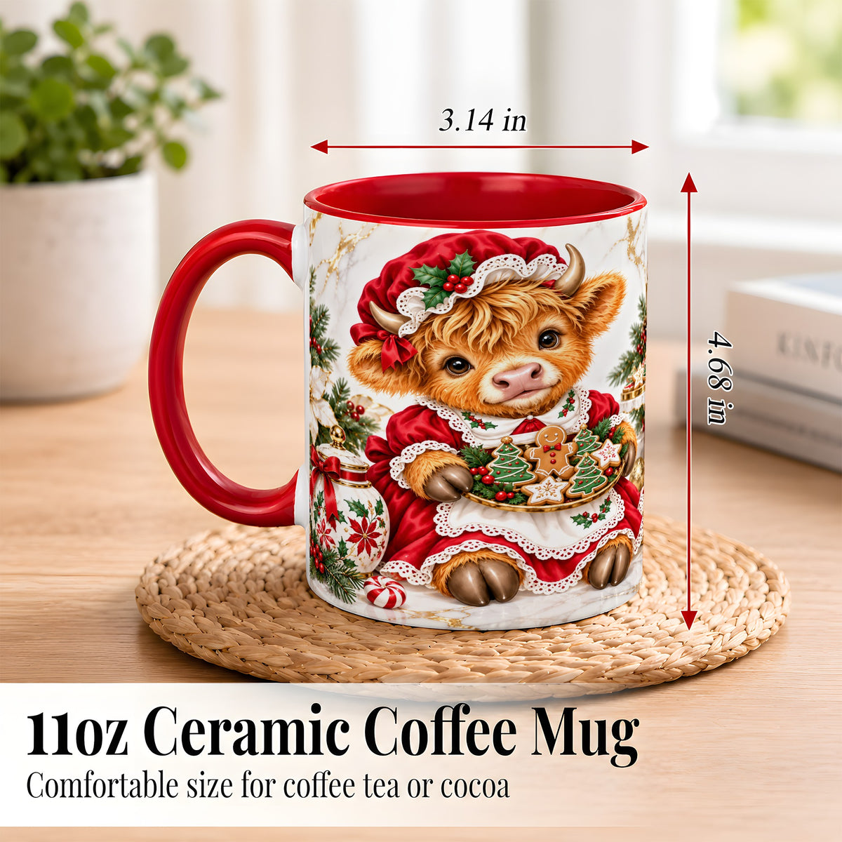 #pl[11oz|Red] Christmas Highland Cow Coffee Mug, Holiday Cow Mug, Ceramic Cup