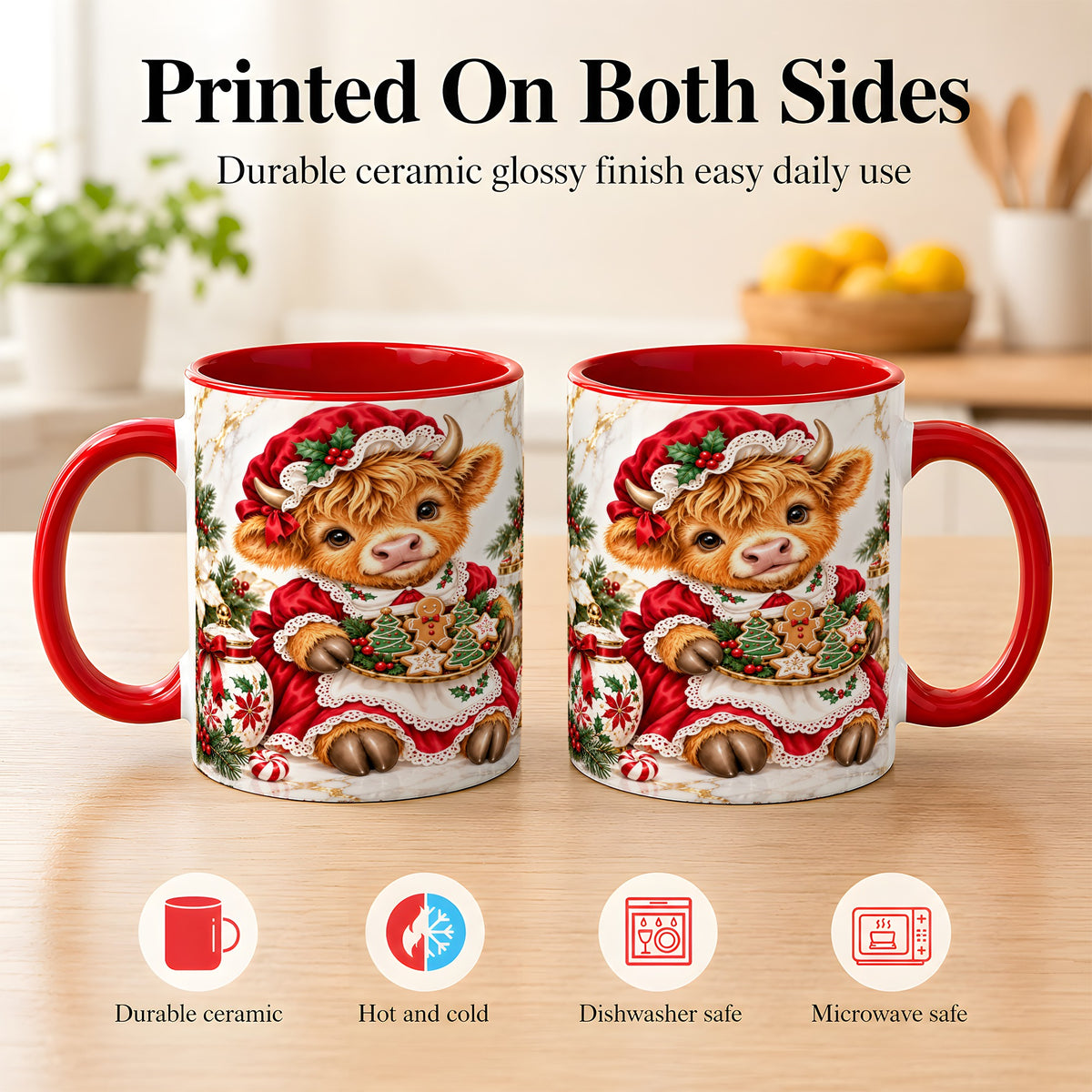 #pl[11oz|Red] Christmas Highland Cow Coffee Mug, Holiday Cow Mug, Ceramic Cup