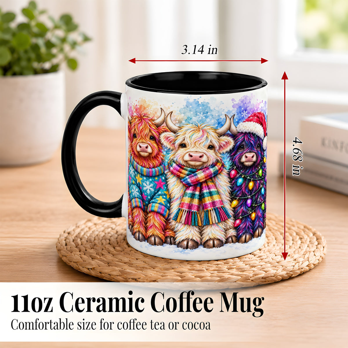 #pl[11oz|Black] Colorful Christmas Highland Cow Coffee Mug, Winter Cow Mug, Ceramic Cup
