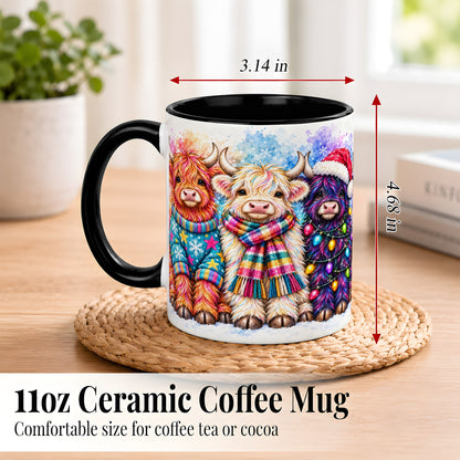 #pl[11oz|Black] Colorful Christmas Highland Cow Coffee Mug, Winter Cow Mug, Ceramic Cup