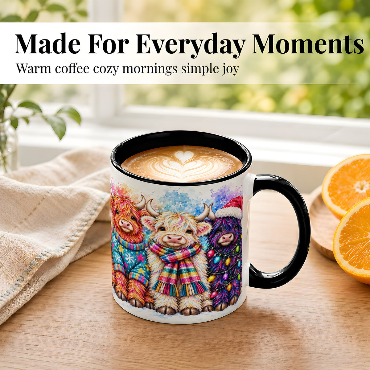 #pl[11oz|Black] Colorful Christmas Highland Cow Coffee Mug, Winter Cow Mug, Ceramic Cup