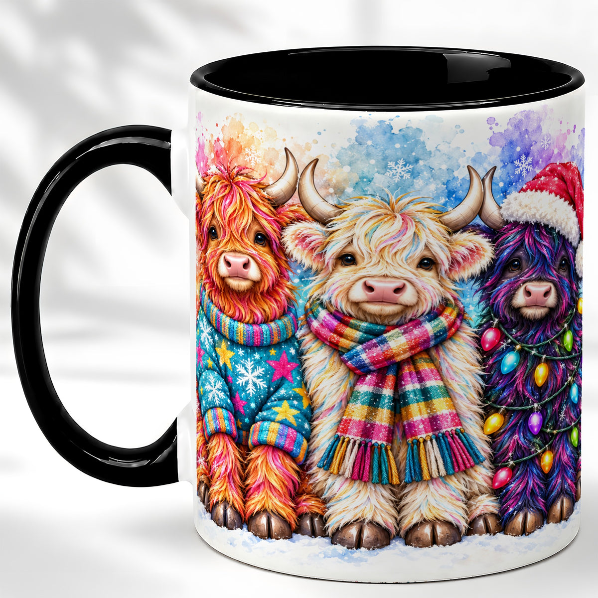 #pl[11oz|Black] Colorful Christmas Highland Cow Coffee Mug, Winter Cow Mug, Ceramic Cup