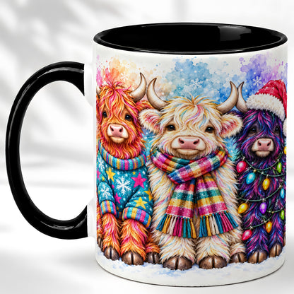 #pl[11oz|Black] Colorful Christmas Highland Cow Coffee Mug, Winter Cow Mug, Ceramic Cup