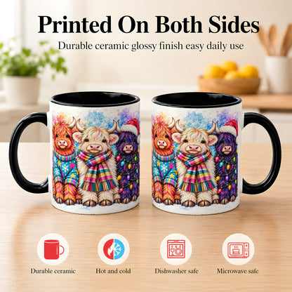 #pl[11oz|Black] Colorful Christmas Highland Cow Coffee Mug, Winter Cow Mug, Ceramic Cup