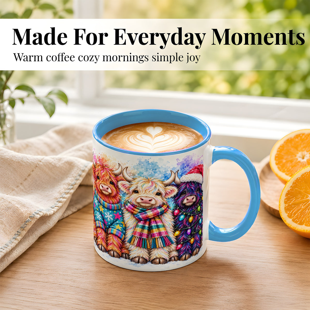 #pl[11oz|Blue] Colorful Christmas Highland Cow Coffee Mug, Winter Cow Mug, Ceramic Cup