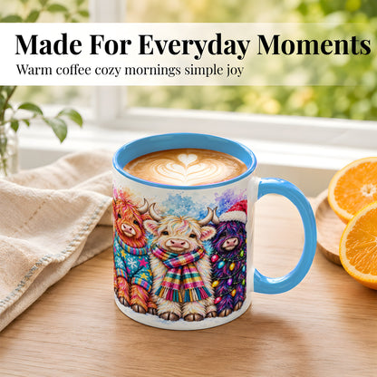 #pl[11oz|Blue] Colorful Christmas Highland Cow Coffee Mug, Winter Cow Mug, Ceramic Cup