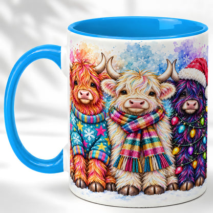 #pl[11oz|Blue] Colorful Christmas Highland Cow Coffee Mug, Winter Cow Mug, Ceramic Cup
