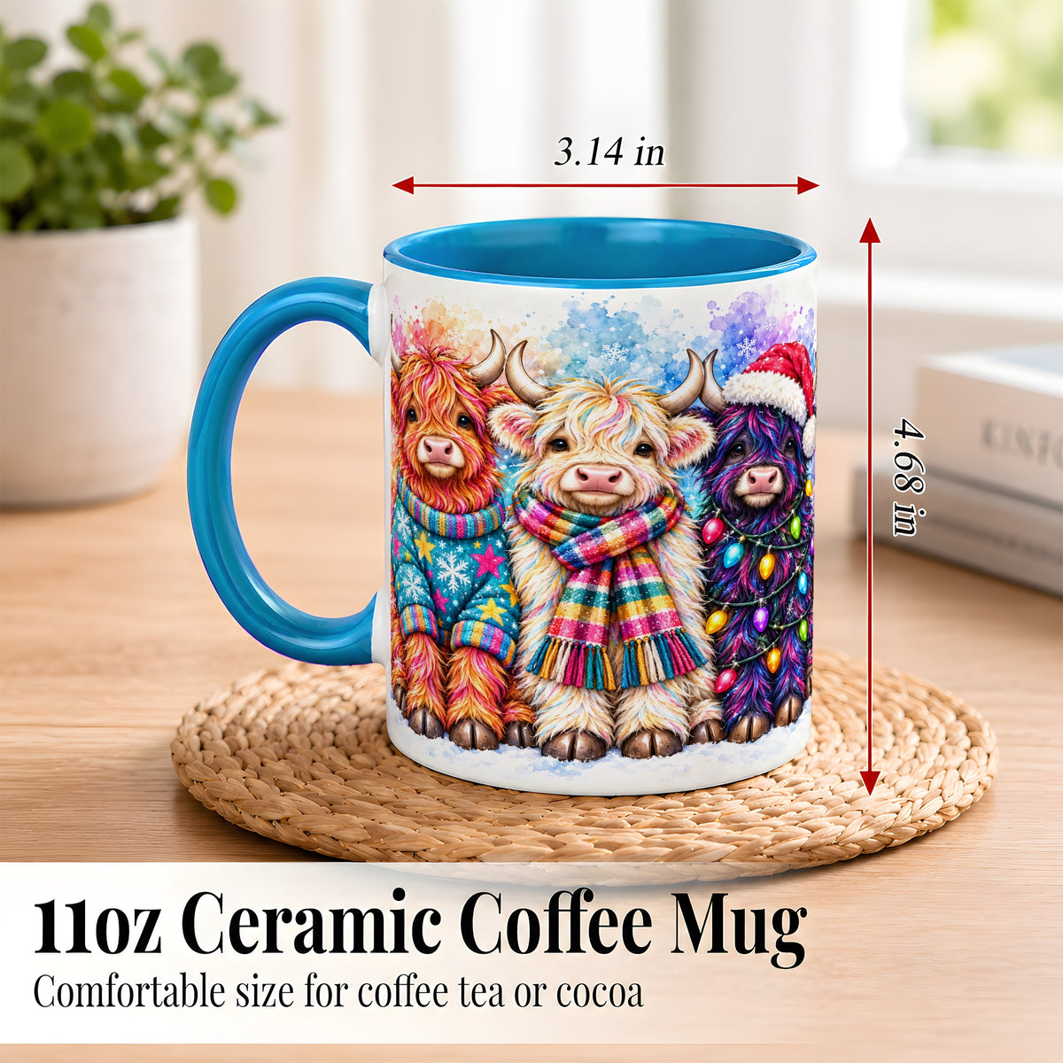 #pl[11oz|Blue] Colorful Christmas Highland Cow Coffee Mug, Winter Cow Mug, Ceramic Cup