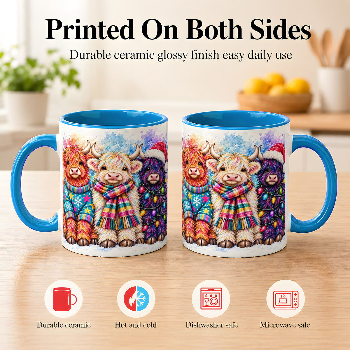 #pl[11oz|Blue] Colorful Christmas Highland Cow Coffee Mug, Winter Cow Mug, Ceramic Cup