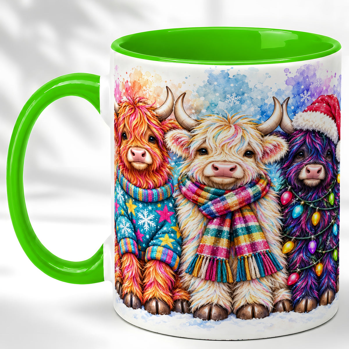 #pl[11oz|Green] Colorful Christmas Highland Cow Coffee Mug, Winter Cow Mug, Ceramic Cup