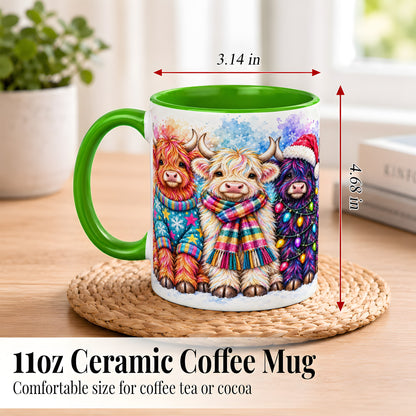 #pl[11oz|Green] Colorful Christmas Highland Cow Coffee Mug, Winter Cow Mug, Ceramic Cup