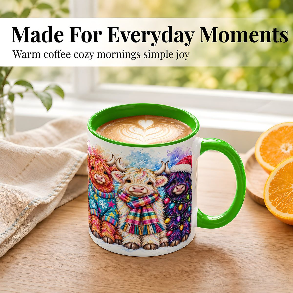 #pl[11oz|Green] Colorful Christmas Highland Cow Coffee Mug, Winter Cow Mug, Ceramic Cup