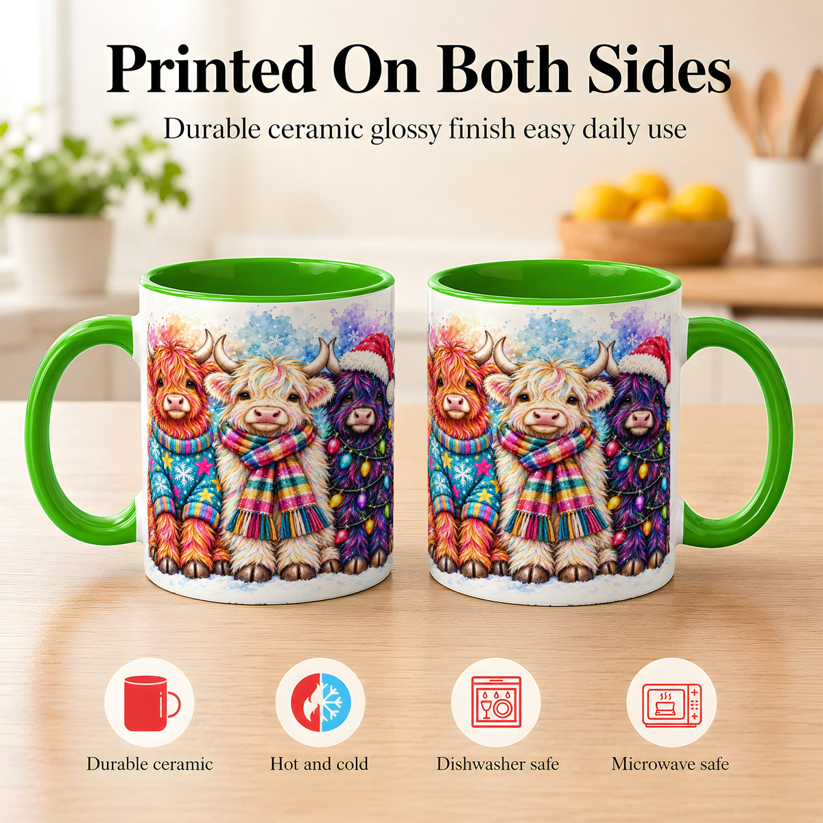 #pl[11oz|Green] Colorful Christmas Highland Cow Coffee Mug, Winter Cow Mug, Ceramic Cup