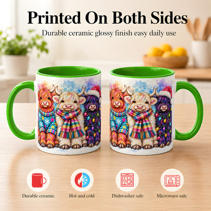 #pl[11oz|Green] Colorful Christmas Highland Cow Coffee Mug, Winter Cow Mug, Ceramic Cup