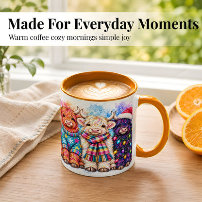 #pl[11oz|Orange] Colorful Christmas Highland Cow Coffee Mug, Winter Cow Mug, Ceramic Cup