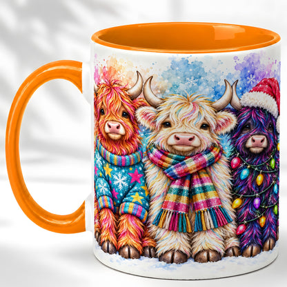 #pl[11oz|Orange] Colorful Christmas Highland Cow Coffee Mug, Winter Cow Mug, Ceramic Cup