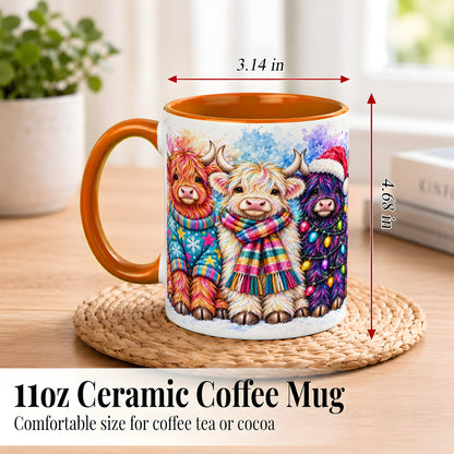 #pl[11oz|Orange] Colorful Christmas Highland Cow Coffee Mug, Winter Cow Mug, Ceramic Cup