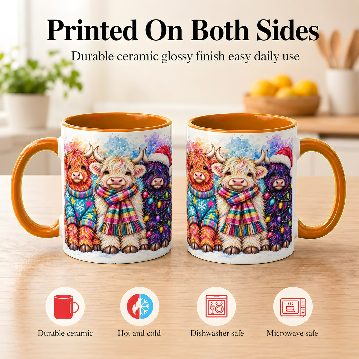 #pl[11oz|Orange] Colorful Christmas Highland Cow Coffee Mug, Winter Cow Mug, Ceramic Cup