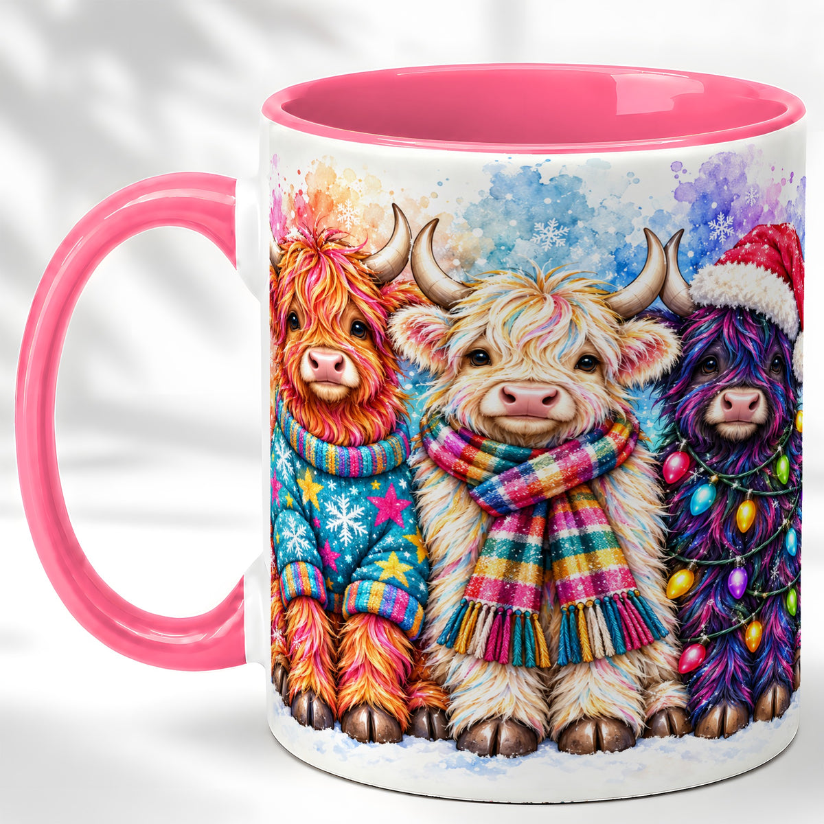 #pl[11oz|Pink] Colorful Christmas Highland Cow Coffee Mug, Winter Cow Mug, Ceramic Cup