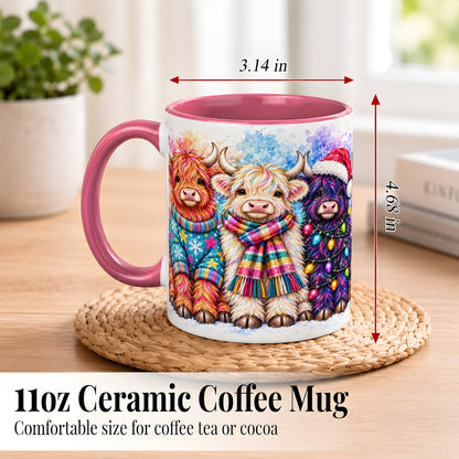 #pl[11oz|Pink] Colorful Christmas Highland Cow Coffee Mug, Winter Cow Mug, Ceramic Cup