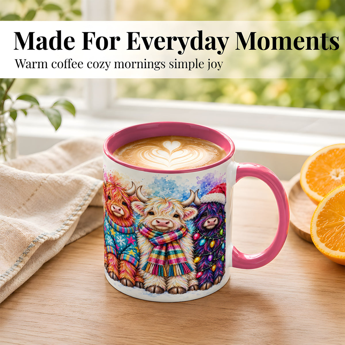 #pl[11oz|Pink] Colorful Christmas Highland Cow Coffee Mug, Winter Cow Mug, Ceramic Cup